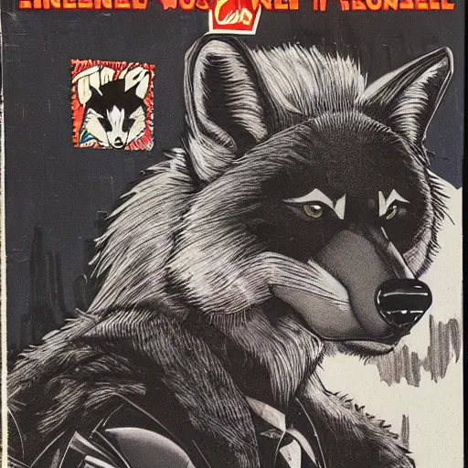 Image similar to 1 9 8 0 s cover scan of a comic featuring a portrait of male wolf o'donnell anthropomorphic wolf furry fursona from starfox wearing an intimidating mercenary uniform, fluffy eyebrows, dark grey wolf, wolf o'donnell, magazine scan, 1 9 8 0 s artwork scan