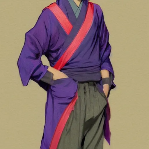 Image similar to teenager boy with straight indigo hair, purple eyes with red eye markers, slim body, wearing a detailed japanese kimono. modern, realistic, looking at the camera, enjoying life!!! elegant, highly detailed, digital painting, artstation, concept art, matte, sharp focus, illustration, art by artgerm and greg rutkowski and alphonse mucha