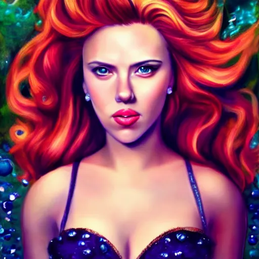 Prompt: “Scarlett Johansson portrait, fantasy, mermaid, cartoon, pearls, glowing hair, ”