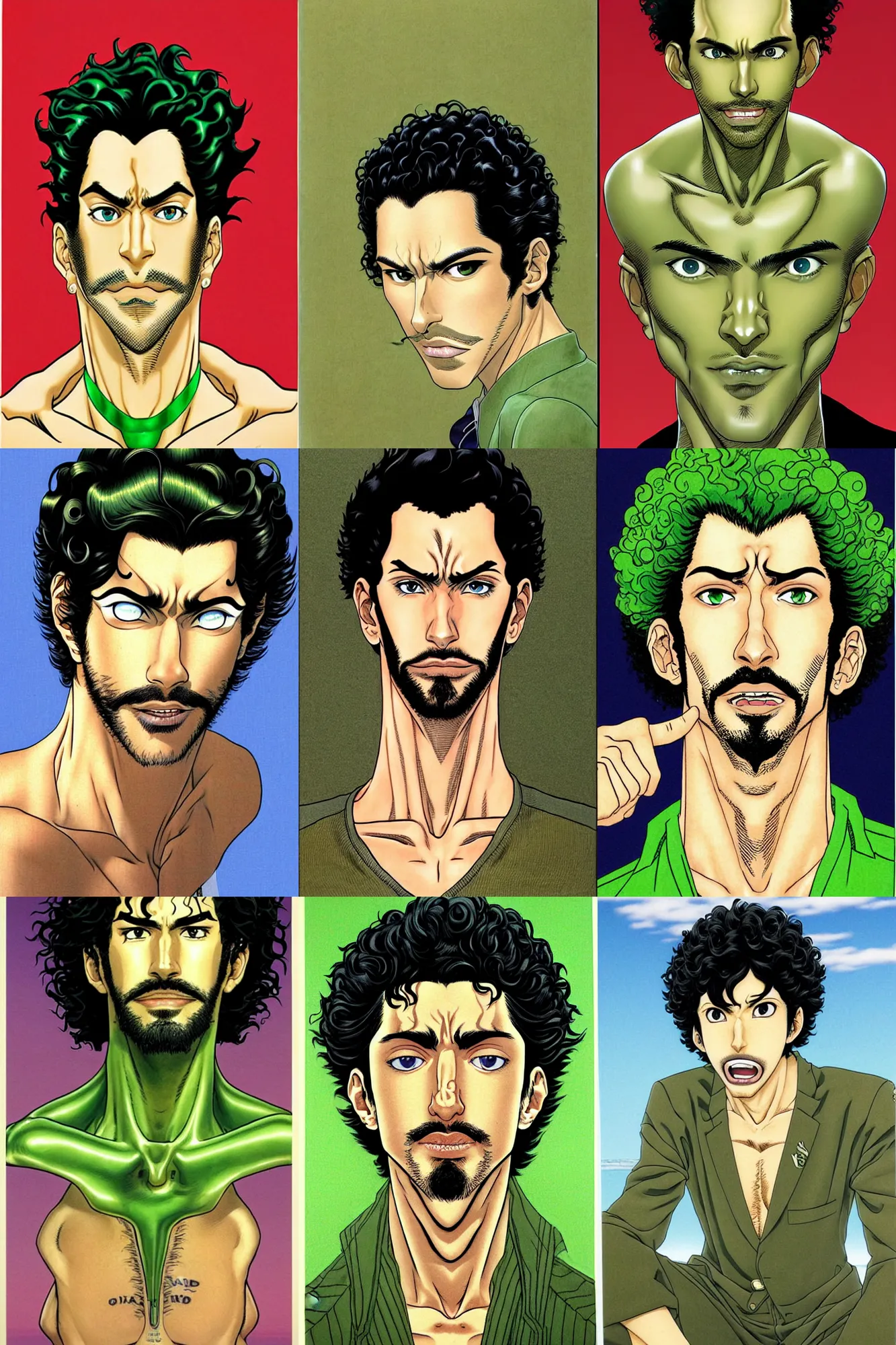 Prompt: handsome!! hyper realistic man with curly black hair, tan skin, green eyes, anchor goatee | art by hirohiko araki & jean giraud
