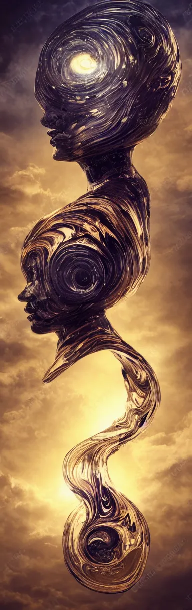 Prompt: epic illustration, abstract sculpture of beautiful female face silhouette and black swirling liquifying acrylic portrait, fluffy clouds, mechanical superstructure, sacred geometry, glowing edges, golden hour, beautiful light, sculpture of carving marble, dark colors, dark mood, one point light, golden spirals, clockwork, epic matte painting, concept art, bokeh, digital painting, female upperbody