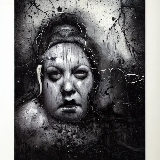 Image similar to portrait of the face of big fat old sumoringer as despair from sandman, venus of willendorf, by jeremy mann, by gregory crewdson, by bastien lecouffe deharme, by russ mills, sad face, topknot, black hair, mourning, black eyes, white room, soft lightning, high detailed, 8 k