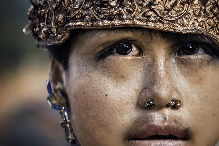 Prompt: close - up photo of a beautiful khmer warrior prince in a battle scene, detailed eyes, shallow depth of field, photorealistic, cinematic lighting, lovely bokeh, warm colours, dusk