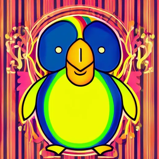 Image similar to portrait friendly cute happy stylish realistic rainbow penguin. background in the style of art nouveau. lively. colorful. hd.