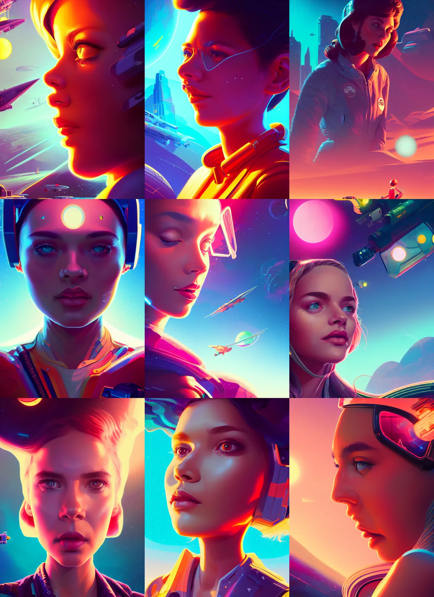 Prompt: retrofuturistic portrait of a young girl, space graphics art in background, close up, wlop, dan mumford, artgerm, liam brazier, peter mohrbacher, 8 k, raw, featured in artstation, octane render, cinematic, elegant, intricate, 8 k