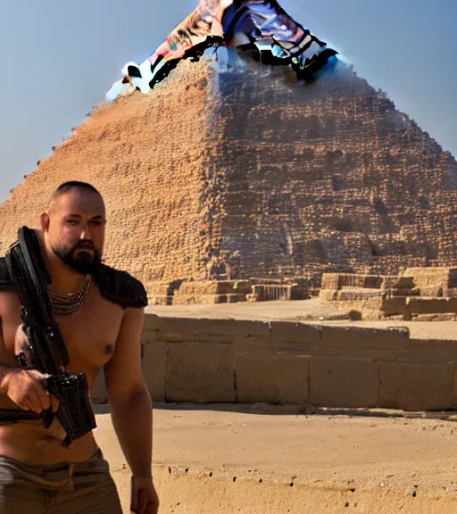Prompt: a beefy man with a machine gun, egyptian pyramid in the background, 4 k, sharp focus, real life photo, highly detailed, cinematic, photorealistic, cyberpunk