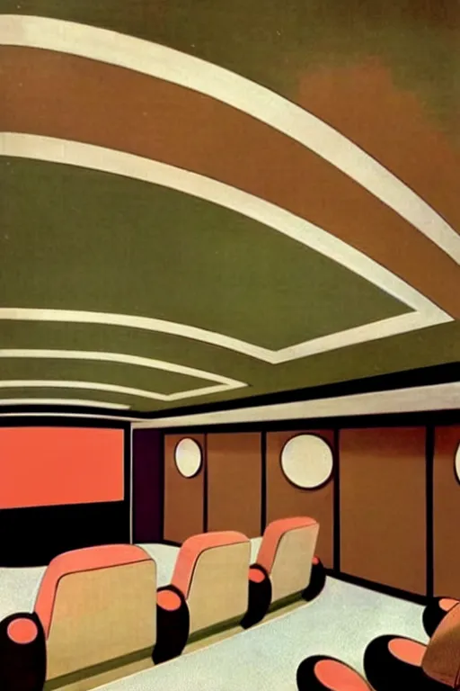 Prompt: ( ( ( ( ( 1 9 5 0 s retro future art deco home theater design. muted colors. ) ) ) ) ) byfrank loyd wright!!!!!!!!!!!!!!!!!!!!!!!!!!!!!!