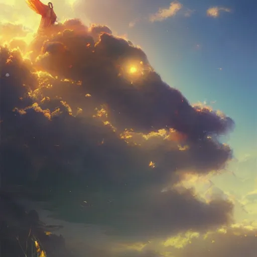 Image similar to space dream, volumetric lighting, dew, spring evening, clear weather, ( few clouds ), realistic illustration, golden hour, perfectly shaded, soft painting, art by krenz cushart and wenjun lin