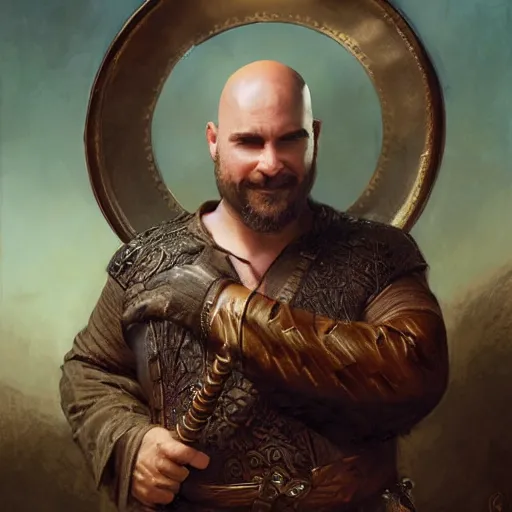 Image similar to well - groomed burly bard, thick goatee, bald, thoughtful expression, holding a gong, fantasy character portrait by greg rutkowski, gaston bussiere, craig mullins