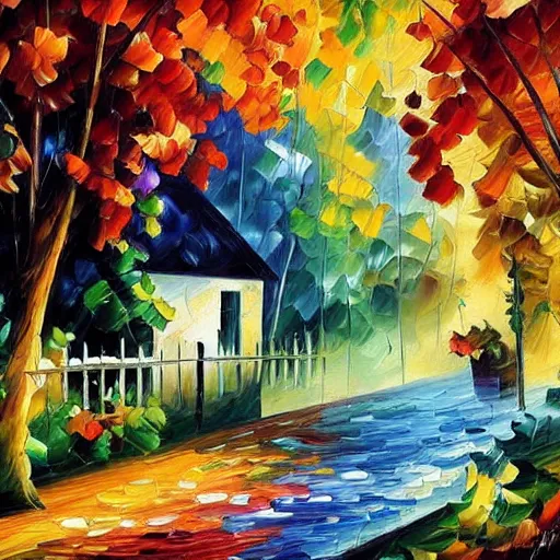 Image similar to a cottage with a garden, leonid afremov