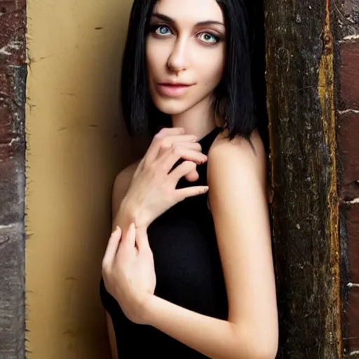 Image similar to raven haired seductive woman with stunning light eyes with a beautiful face, thin nose, fair skin, soft skin, long neck, wearing a tube top