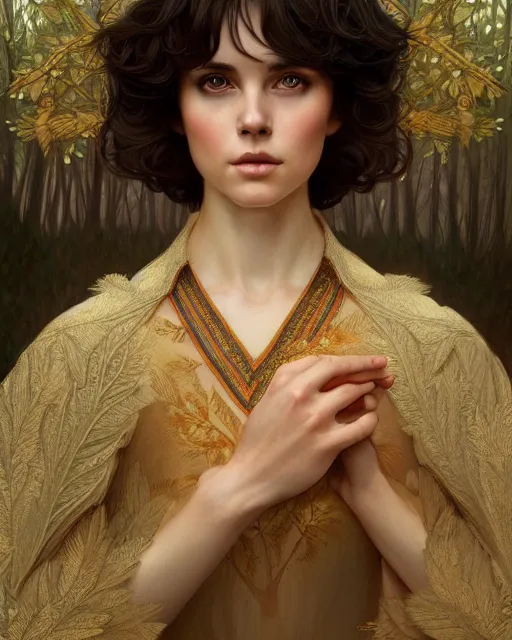 Prompt: symmetry portrait of welsh brunette princess in mans tunic, tomboy, short hair, forest, intricate, elegant, highly detailed, digital painting, artstation, concept art, smooth, sharp focus, illustration, art by artgerm and greg rutkowski and fra angelico and alphons mucha