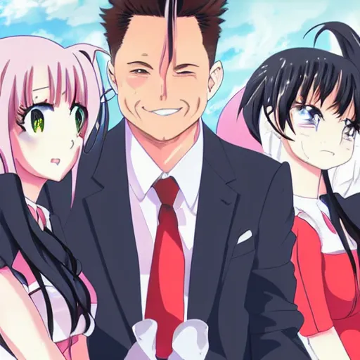 Image similar to anime key visual of Elon musk smugly looking at anime waifus, pixiv