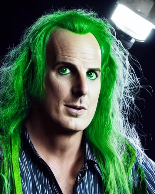 Prompt: Will Arnett as Beetlejuice, green hair, cinematic lighting, 4k photograph