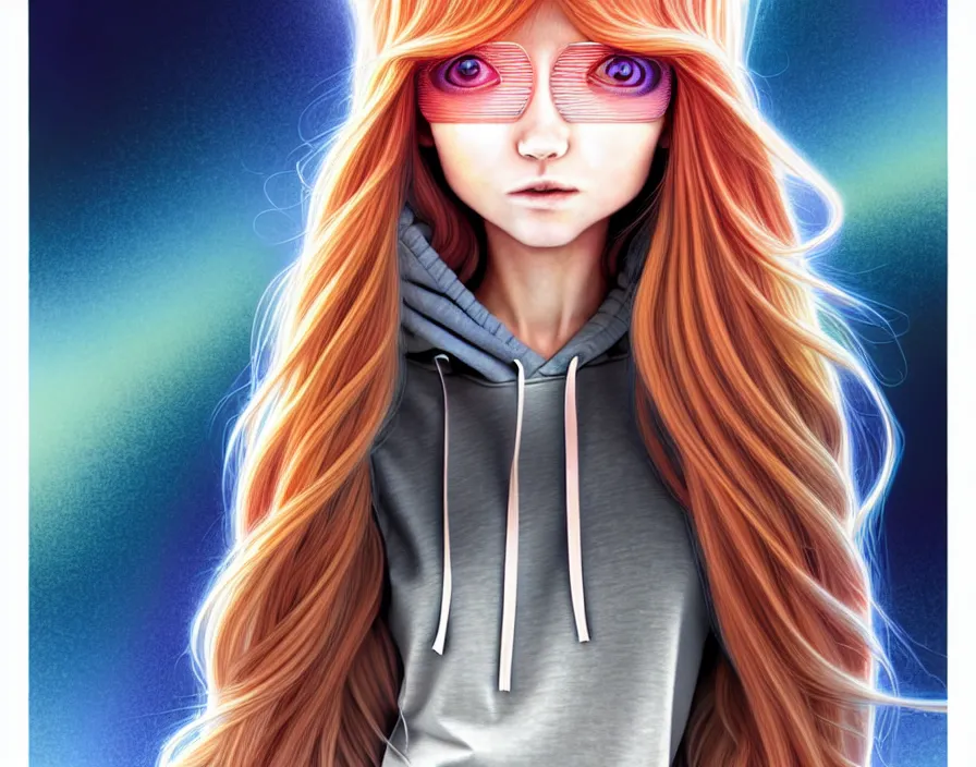 Image similar to richly detailed colored pencil 3D illustration of a singular beautiful woman with long metallic hair wearing a hoodie and short shorts, she staring at the camera happily. mirrored background with completely rendered reflections, art by Range Murata and Artgerm.