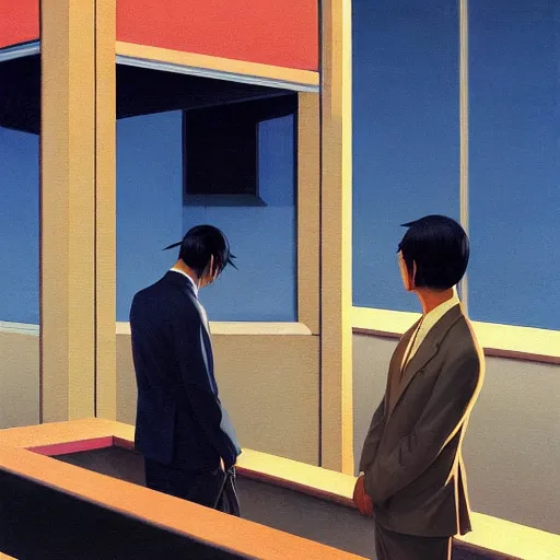 Prompt: Portrait of Japanese wearing a business suit , very coherent, painted by Edward Hopper, Wayne Barlowe, painted by James Gilleard, airbrush, art by JamesJean