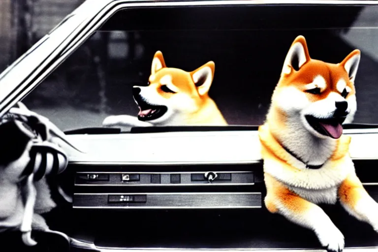 Image similar to picture of a shiba inu driving a car, 1 9 7 0 s