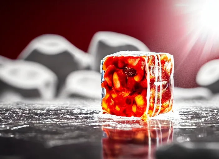 Image similar to clear highly detailed photorealistic food photograph of a big ice cube with a pizza frozen inside the cube with salami pepperoni, the cube refracts the sunlight, volumetric, the ice cubes laying on marvel stone