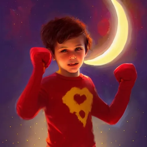 Image similar to colorful and festive captivating young child boy, brown fluffy hair, wearing red and yellow hero suit, shooting a crescent moon out of his fist. full body, rich vivid colors, ambient lighting, dynamic lighting, 4 k, atmospheric lighting, painted, intricate, highly detailed by charlie bowater