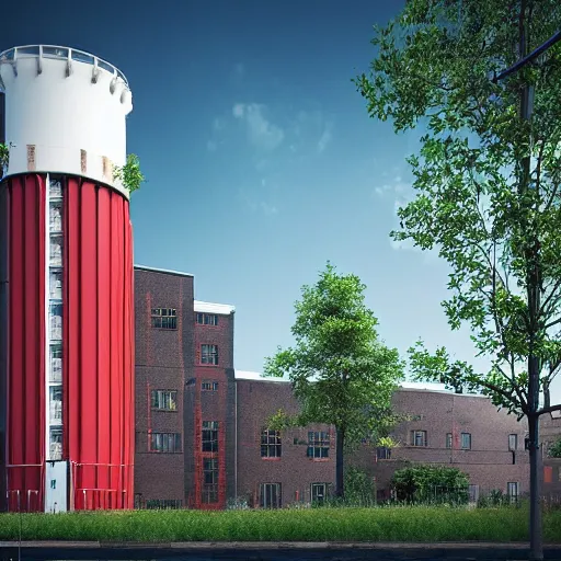 Image similar to “beautiful extreme high-tech factory building with trees sprouting from its high white and red chimneys with pipes shaped like a poset diagram, rendered in octane 3d high resolution, digital art, ultra realistic, ultra detailed, masterpiece”