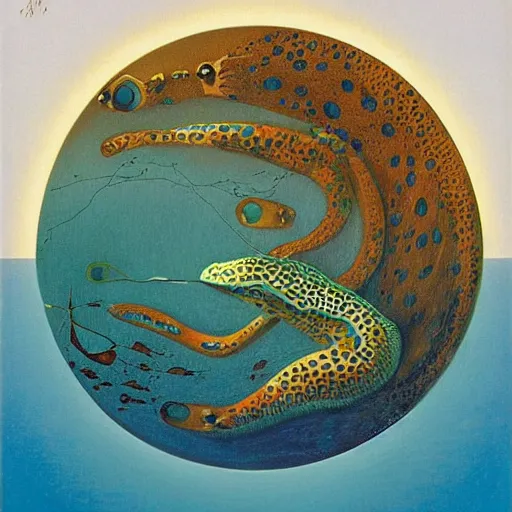 Image similar to aquatic summer bipedal shallows circle pollock kiwi beer specter, by jean giraud and didier barra and georgia o'keeffe, detailed painting, an art deco, black velvet painting