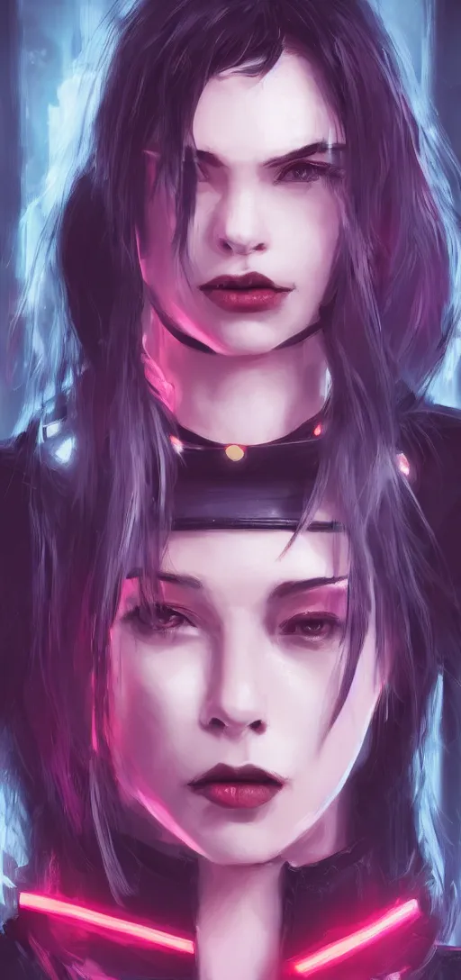 Image similar to headshot artwork of cyberpunk woman wearing thick black choker, collar on neck, realistic, artstation, neon,