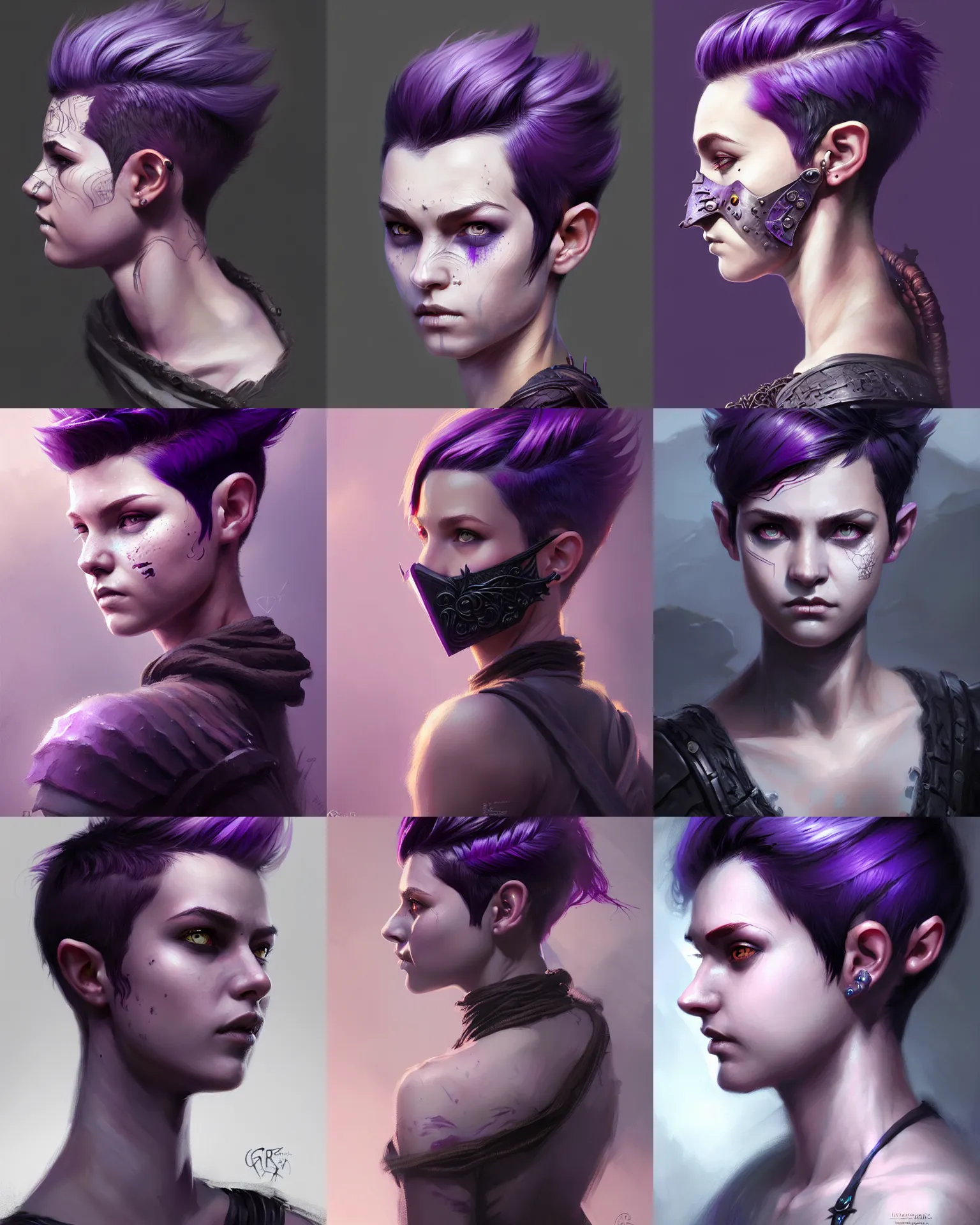 Prompt: Portrait of rugged young adult female, D&D fantasy magic, pixie undercut hairstyle, black to purple fade hairstyle, wearing dark face mask, intricate, highly detailed, digital painting, artstation, concept art, sharp focus, illustration, art by greg rutkowski and ross draws