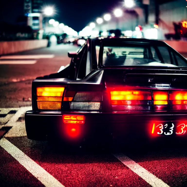 Image similar to close-up-photo Nissan S30 turbo illegal roadside night meet, work-wheels, Shibuya shibuya, cinematic color, photorealistic, deep dish wheels, highly detailed night photography