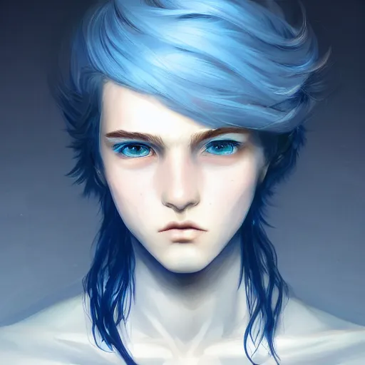 Prompt: teen boy, blue hair, pink eyes, gorgeous, amazing, elegant, intricate, highly detailed, digital painting, artstation, concept art, sharp focus, portrait, illustration, art charlie bowater and Ross tran