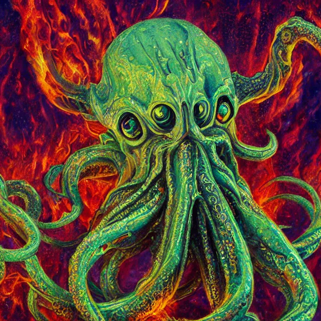 Prompt: angelic alien cthulhu mythos covered in eyes tentacles and fire, oil painting award winning, chromatic aberration