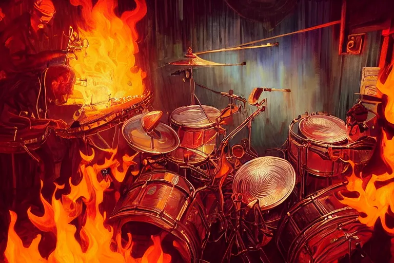 Prompt: drummer at a club playing punk rock drums on fire highly detailed, concert lighting huge speakers, atmosphere by peter mohrbacher and igor morski, very detailed, 2 4 mm lens, deep depth of field, artstation, 8 k