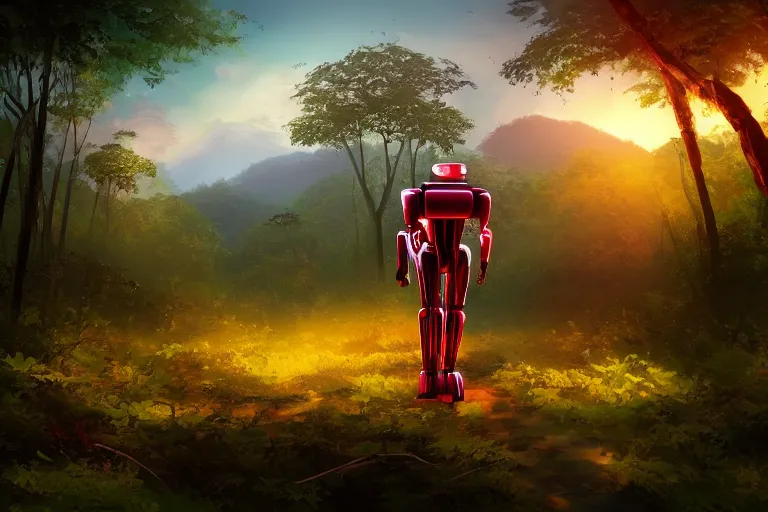 Prompt: gorgeous scarlet organic android robot walking throught the forest during a beautiful sunset, jungle mountains in the background with immense trees, highly detailed, trending on art station, flying birds in the distance