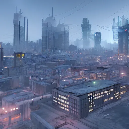 Image similar to norilsk city cityscape, environmental concept art, rendered in 3 d, unreal engine, cyberpunk