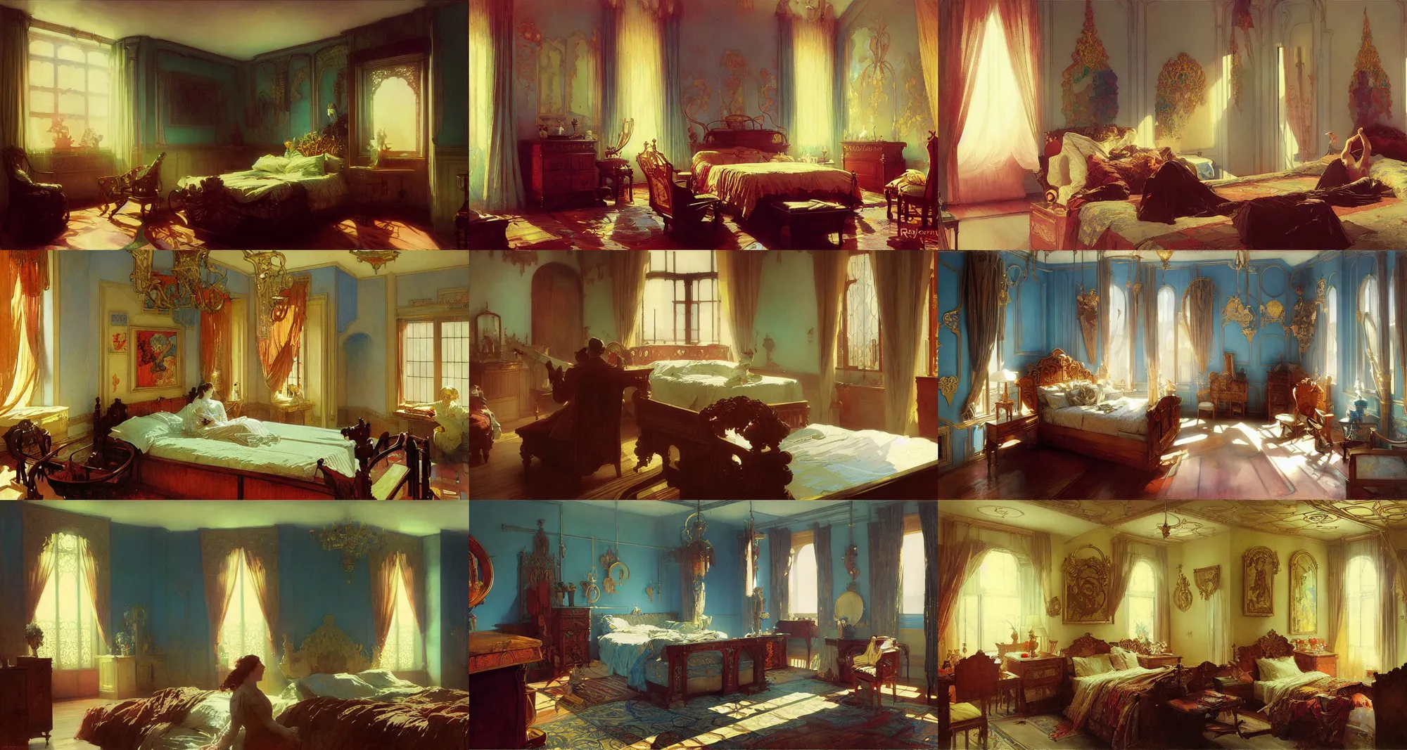 Prompt: bedroom, art nouveau architecture, art by joseph leyendecker, ivan aivazovsky, ruan jia, reza afshar, marc simonetti, alphonse mucha