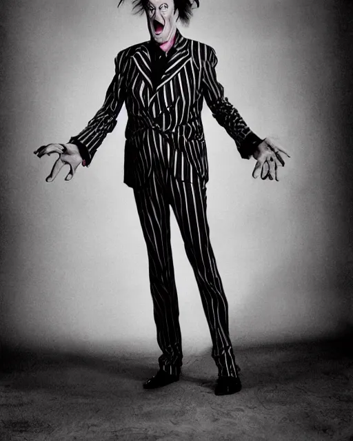 Prompt: photoshoot of michael keaton as beetlejuice, photoshoot in the style of annie leibovitz