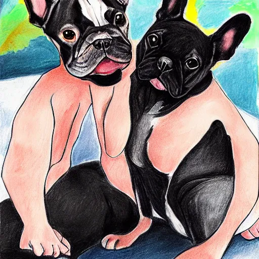 Prompt: two lovers and a black french bulldog, kid's drawing