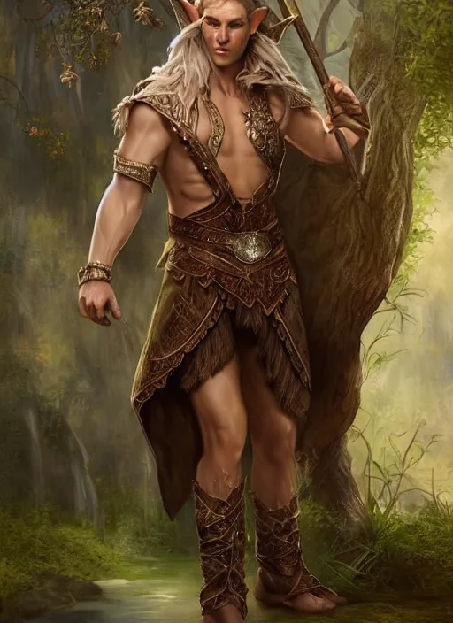 Image similar to a relaxed male elf middle aged druid in a sleeveless west, brown short hair, strong, full body, 8 k, hyperrealistic, hyperdetailed, fantasy portrait by laura sava