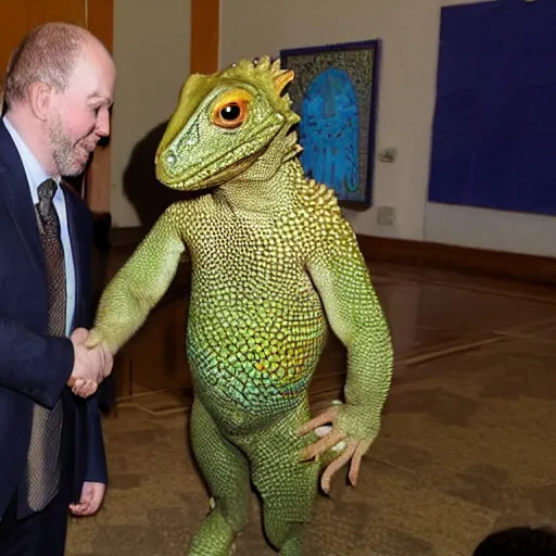 Image similar to A lizard person shaking hands with a religious icon