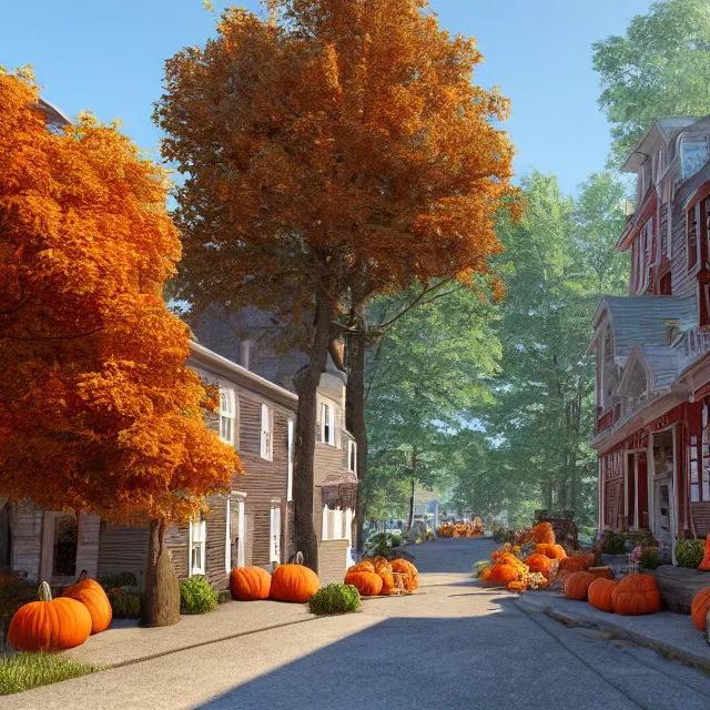 Image similar to small new england stone colonial city street with shops and pumpkins, maple trees with fall foliage, new hampshire mountain, stone street, volumetric, realistic, cinematic lighting, ray tracing, unreal engine 5, octane render, hyper realistic, photo, 8 k