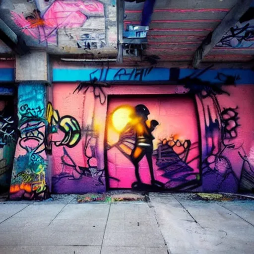 Image similar to beautiful graffiti on a wall, cyberpunk, happy mood, futuristic, high detail, sunset, realistic