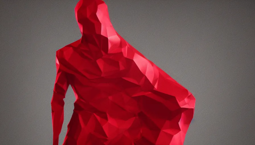 Image similar to enigmatic figure wrapped in red sheet in darkness, high contrast, hard light, digital art, rendering, cloth simulation, redshift