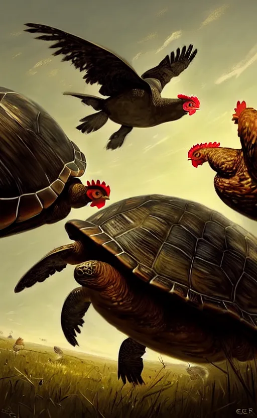 Prompt: war between chickens and turtles, wide angle shot by greg rutkowski