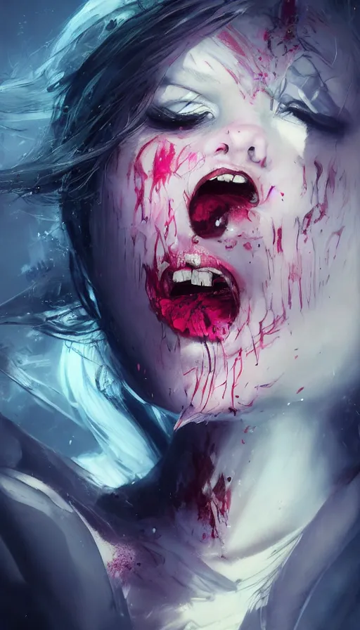 Image similar to shot of fiesty girl with pouty aerochrome ( ( ( lips ) ) ), powerful, adorable, expressive eyes, big evil grin, kawaii playful pose of a dancer, greg rutkowski, charlie bowater, yuumei, stephen gammell, unreal 5, daz, hyperrealistic, dark, dynamic lighting, fantasy art, beautiful face