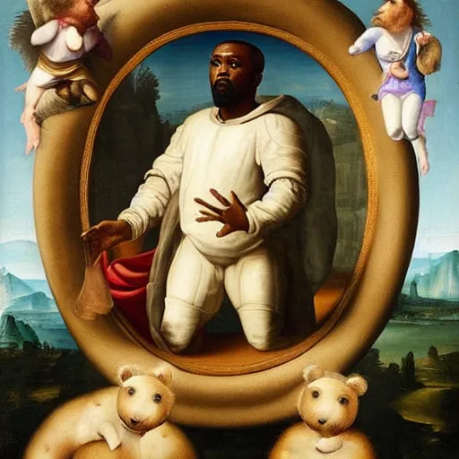 Image similar to A renaissance painting of Kanye West with a anthropomorphic Teddy Bear mascot, portrait, album cover,