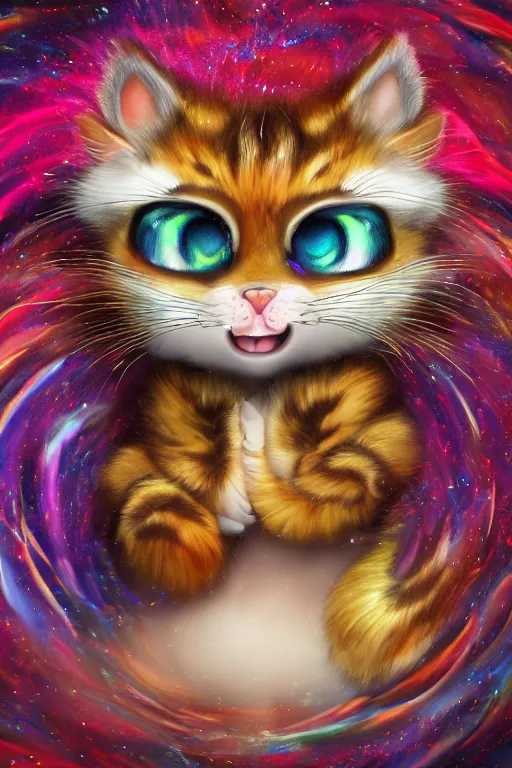 Prompt: Recursive image with a well rounded Calico feline, large eyes, shiny soft fur, anatomically correct, surrounded by swirling wisps of jelly, oil pastels and gold, anime, cartoon, modeled in Poser, Redshift render, UHD