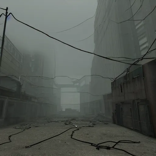 Prompt: a photo from the bottom of half life 2's combine citadel, with the wires hanging from the buildings towards the citadel, in a lightly foggy day