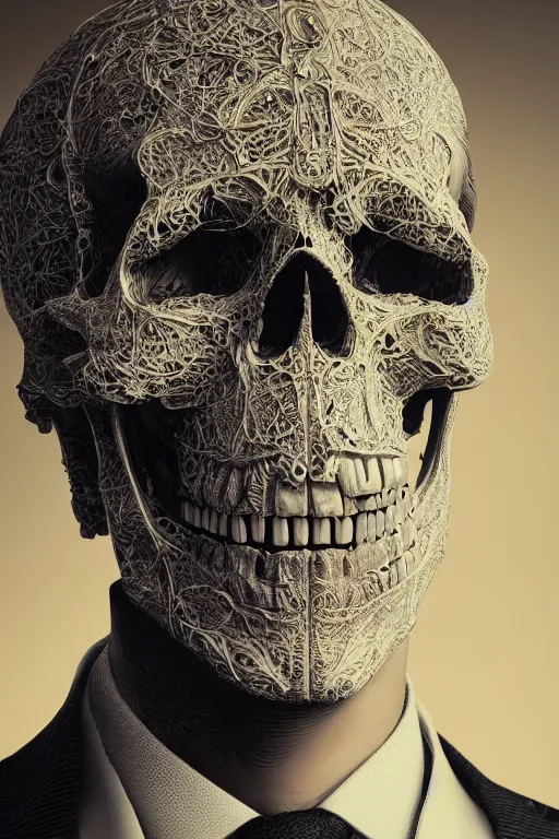 Image similar to portrait of a skull in a suit, intricate, abstract, intricate artwork, nightmare fuel by tooth wu wlop beeple dan mumford, octane render