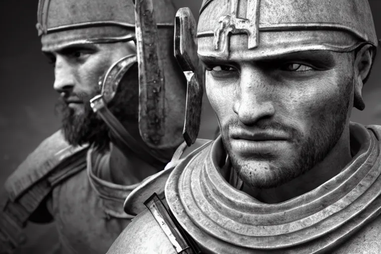 Image similar to still photo of 1 st century war man looking at the camera in a battlefield, black and white color aesthetic, highly detailed, photorealistic portrait, bright studio setting, studio lighting, crisp quality and light reflections, unreal engine 5 quality render