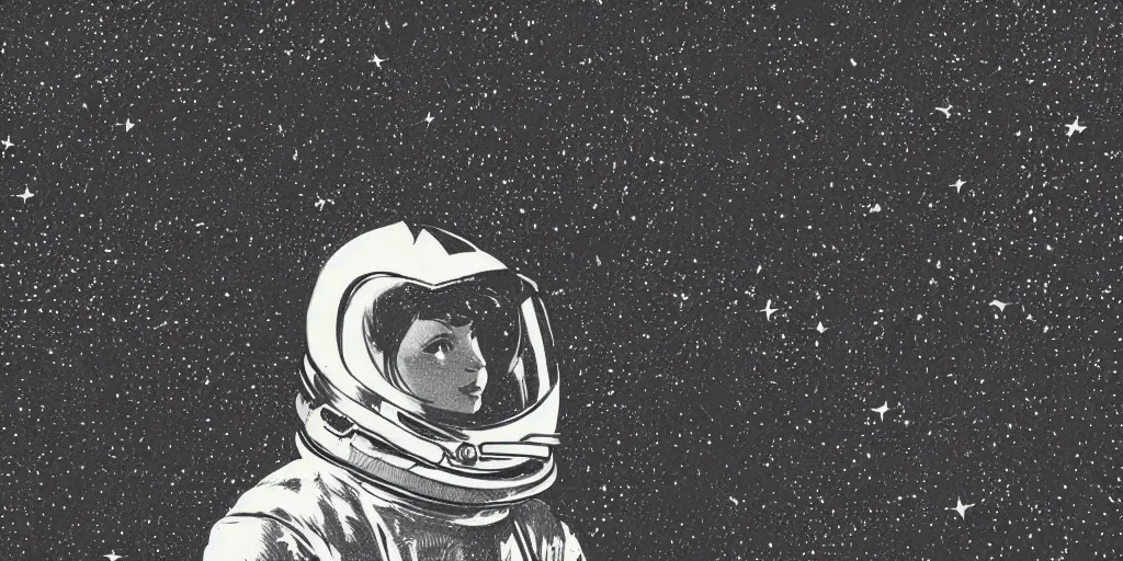 Image similar to etching portrait of a woman wearing a space helmet, scifi, big clouds visible in the background, stars in the sky, high contrast, deep black tones, depth of field, smudges