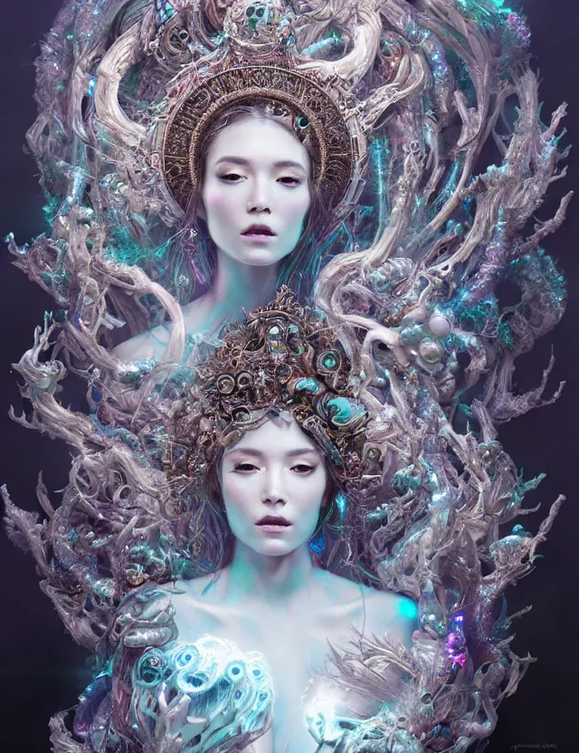 Image similar to goddess portrait from bottom to top by jessica oyhenart in crown made of ram skull, bioluminiscent, plasma, ice, water, wind, creature, super intricate ornaments artwork by tooth wu and wlop and shofff and greg rutkowski